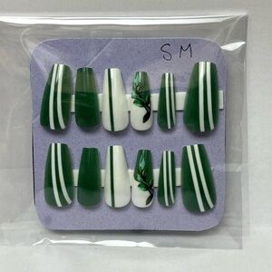 Green and White Striped Press-On Nails Small